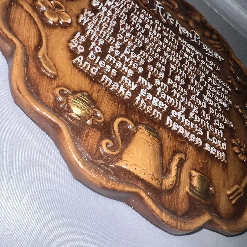 Vintage 1960s Wall Plaque MCM My Kitchen Prayer Brown Resin Farmhouse Decor 3D